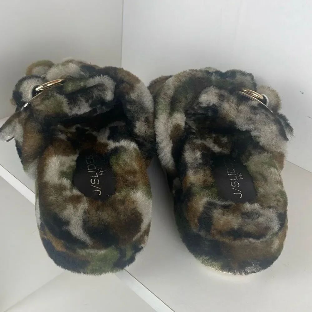 J/SLIDES Genuine Shearling 2 Strap Platform Slide Sandals camouflage 7 - Picture 6 of 9